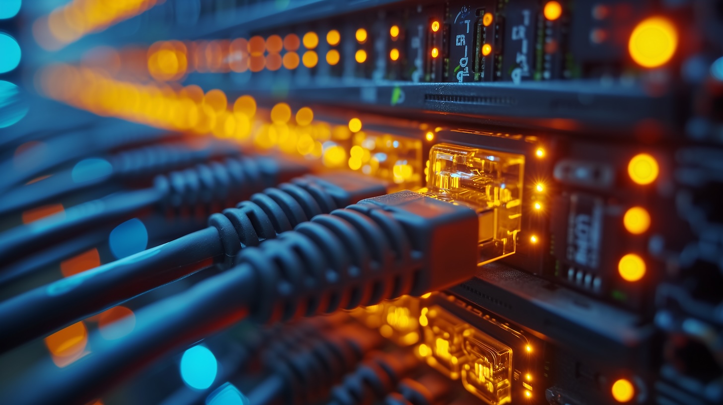 Internet LAN cable In a modern server room For storing and transmitting information through a secure internet technology network.